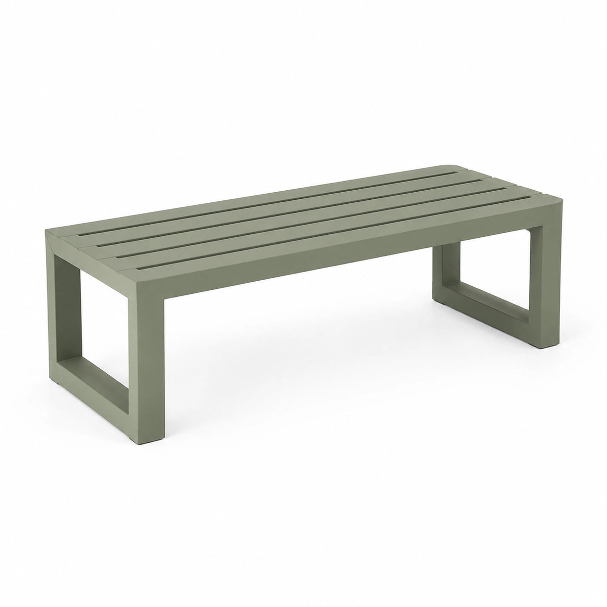 Banc contemporain à lattes en métal vert kaki, 120 x 40 x 45 cm