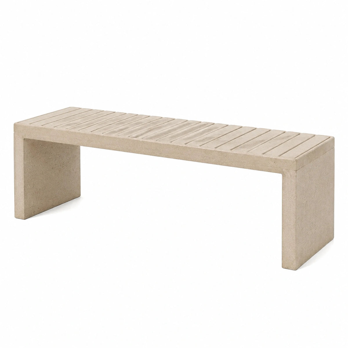 Banc minimaliste en pierre beige à assise rainurée, 120 x 40 x 45 cm
