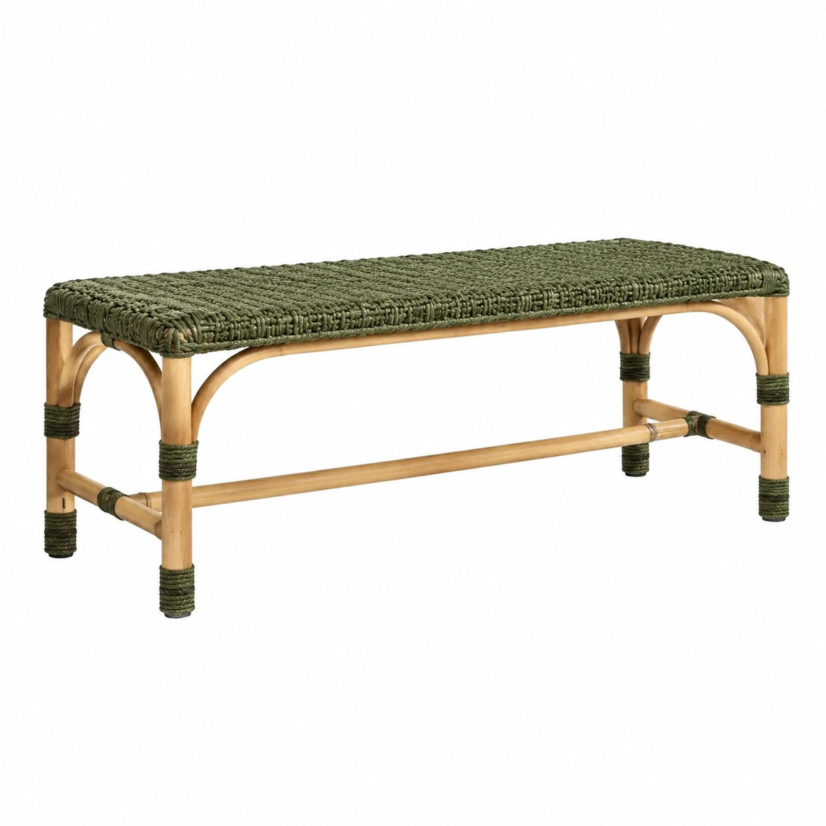 Banc en rotin naturel et fibre tressée vert kaki, 120 x 40 x 45 cm