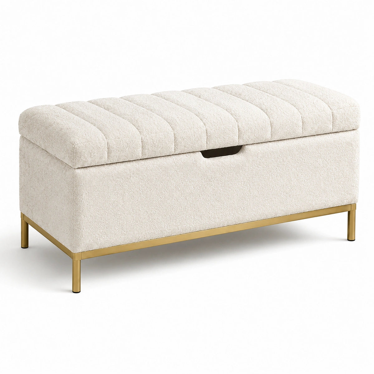Banc de rangement 120 x 45 x 48 cm en tissu bouclette ivoire avec piètement doré