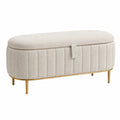 Banc de rangement ovale 100 x 40 x 45 cm en tissu bouclette beige avec pieds métalliques dorés