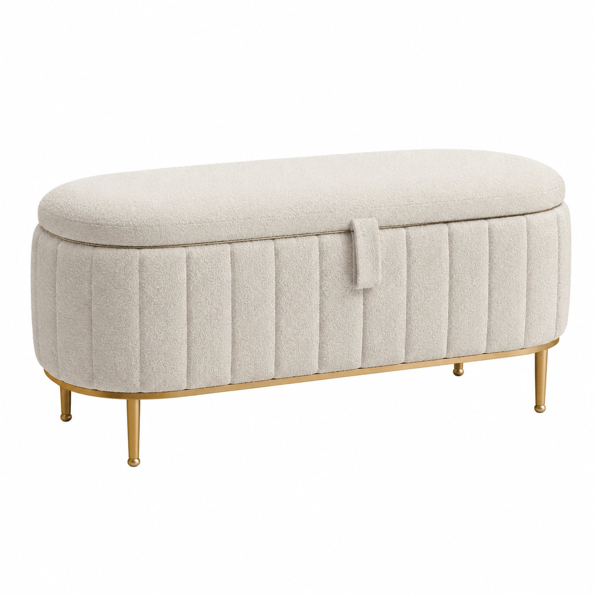 Banc de rangement ovale 100 x 40 x 45 cm en tissu bouclette beige avec pieds métalliques dorés