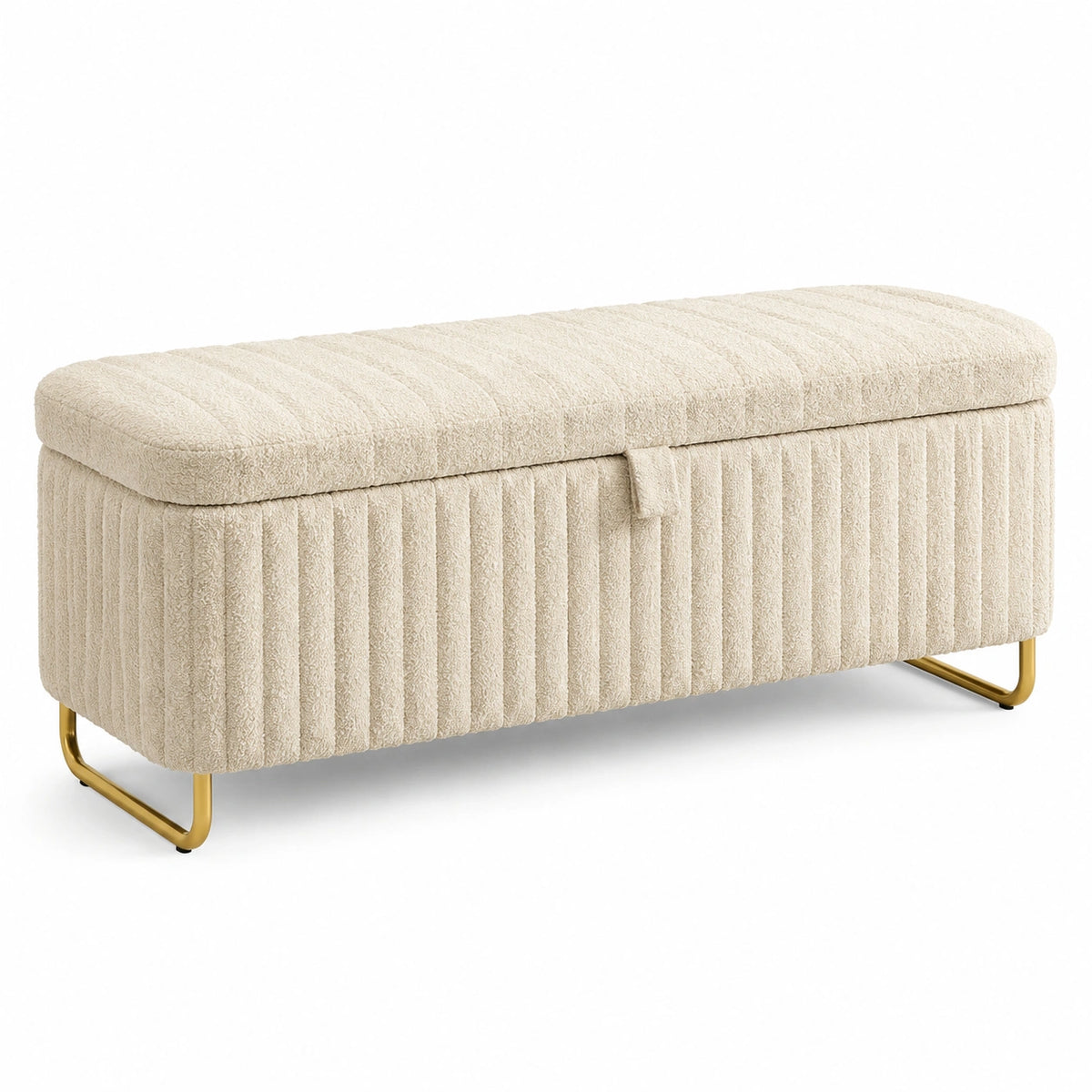 Banc de rangement 100 x 40 x 45 cm en tissu bouclette beige avec pieds métalliques dorés