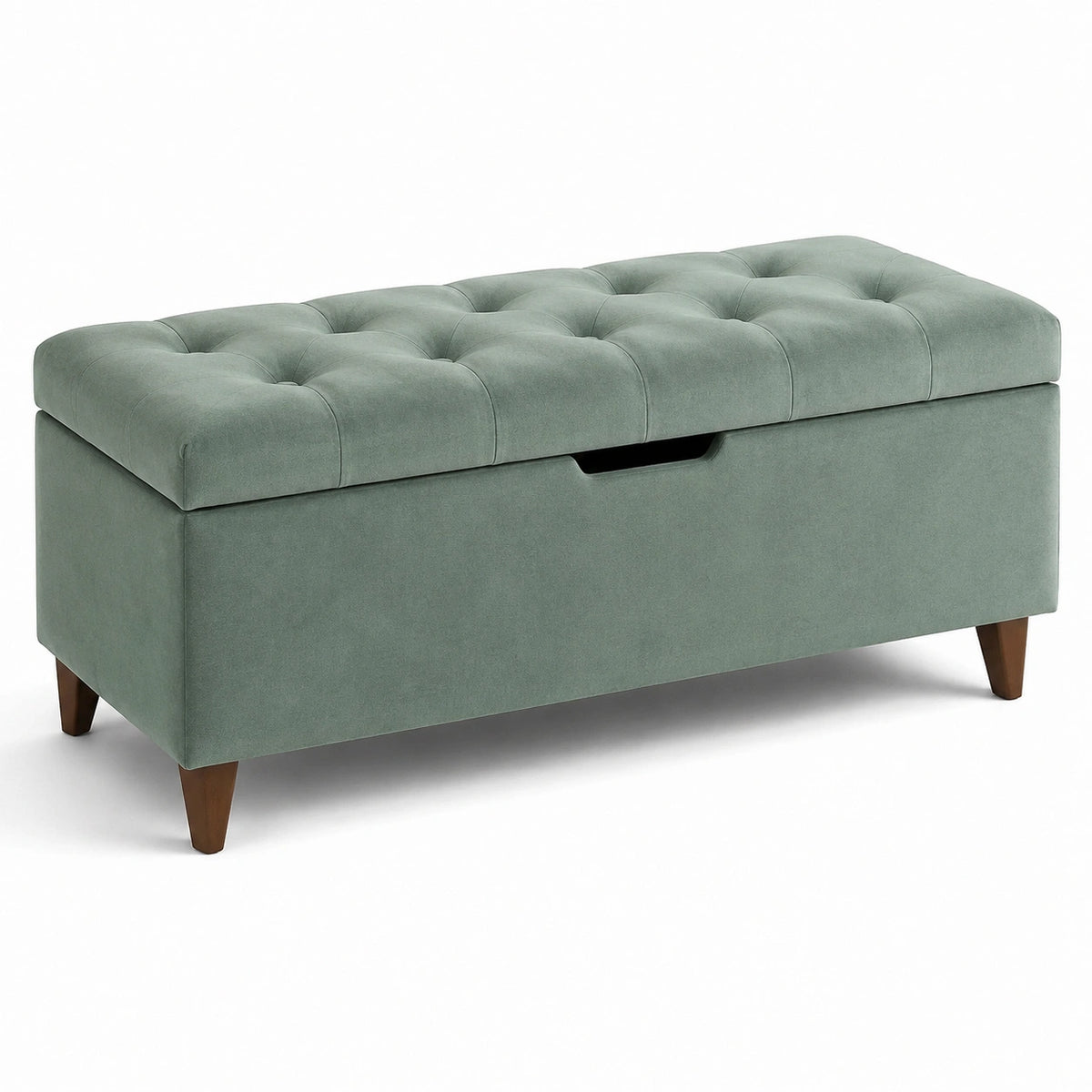 Banc coffre capitonné en tissu effet velours vert, 110 x 45 x 48 cm