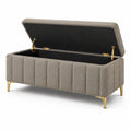 Banc coffre contemporain en tissu taupe avec pieds dorés, 120 x 45 x 48 cm