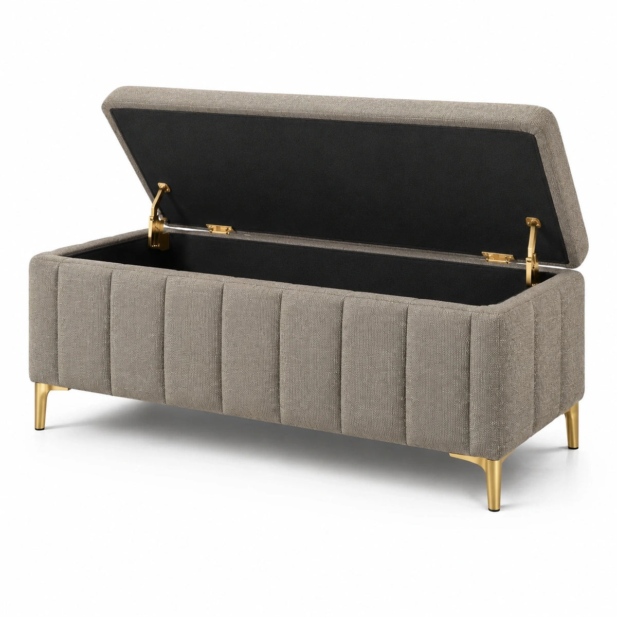 Banc coffre contemporain en tissu taupe avec pieds dorés, 120 x 45 x 48 cm