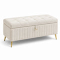 Banc coffre en tissu bouclette crème, pieds métalliques dorés, 100 x 40 x 45 cm