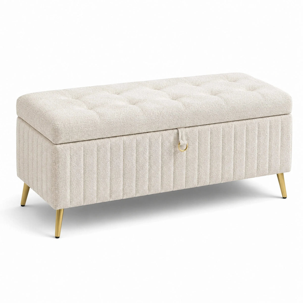 Banc coffre en tissu bouclette crème, pieds métalliques dorés, 100 x 40 x 45 cm