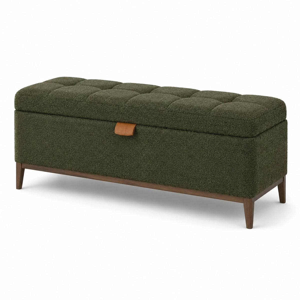 Banc coffre contemporain en tissu bouclette vert et marron, 120 x 45 x 48 cm