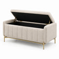 Coffre de rangement contemporain 130 x 65 x 75 cm en tissu bouclette Beige, métal Doré et intérieur Noir