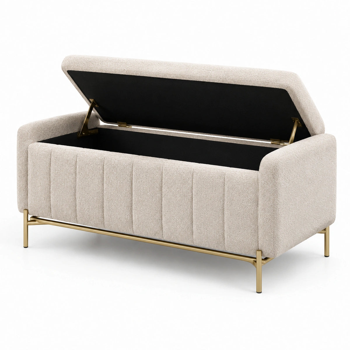 Coffre de rangement contemporain 130 x 65 x 75 cm en tissu bouclette Beige, métal Doré et intérieur Noir
