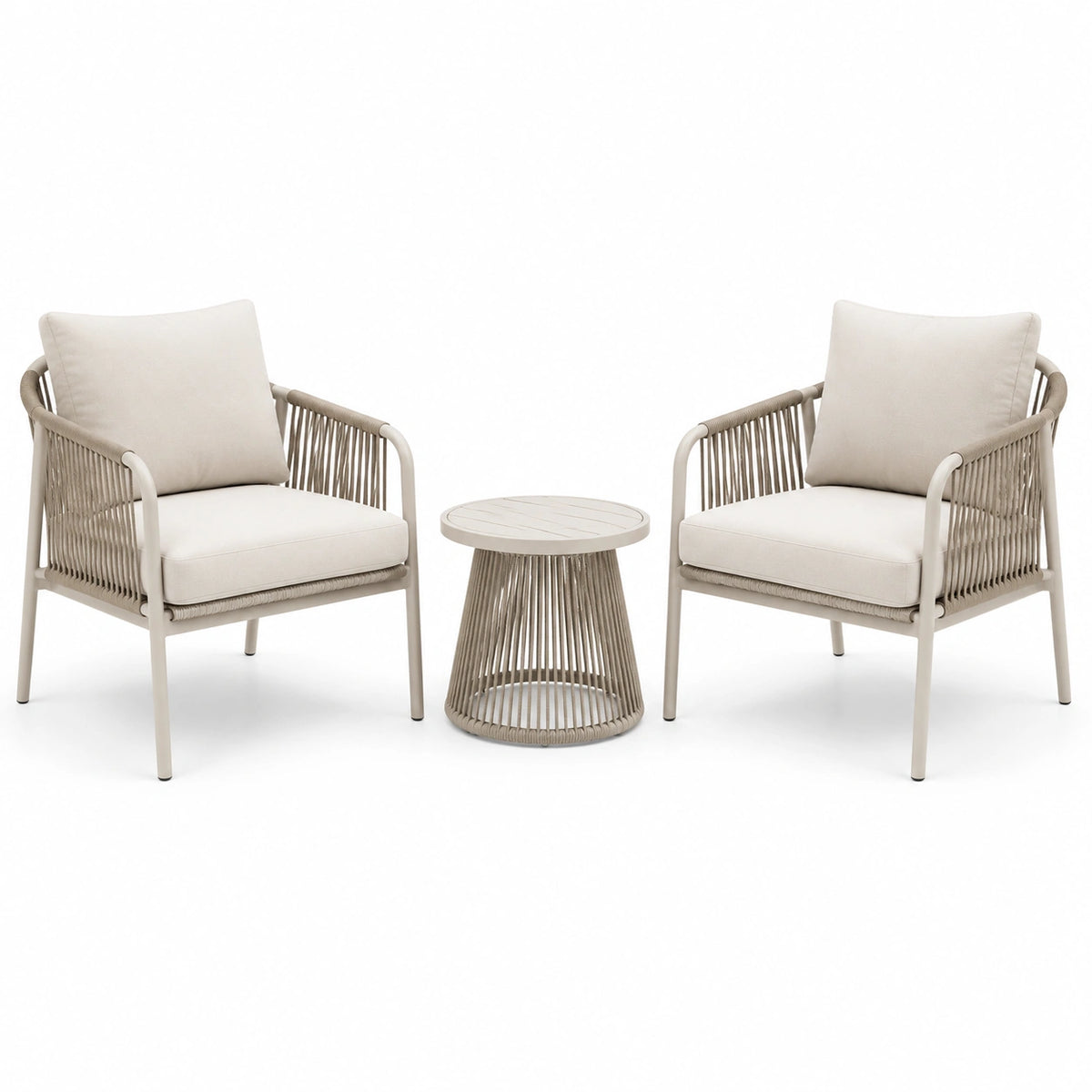 Ensemble de jardin beige avec 2 fauteuils en métal et corde tressée, 68 x 72 x 78 cm, table ronde 70 x 70 cm