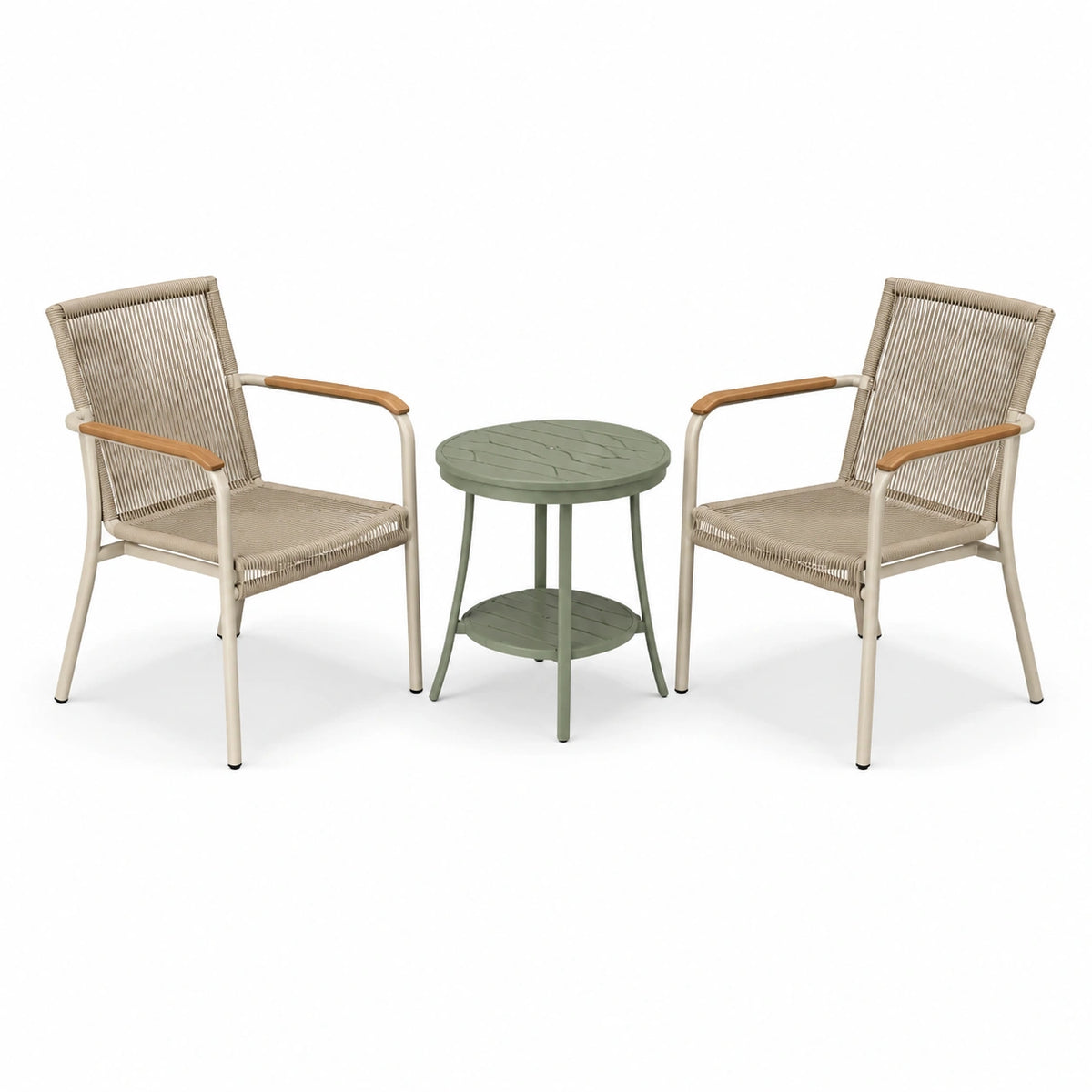 Ensemble extérieur 2 fauteuils 65 x 70 x 95 cm et table ronde Ø 50 x 55 cm Beige Vert Bois clair