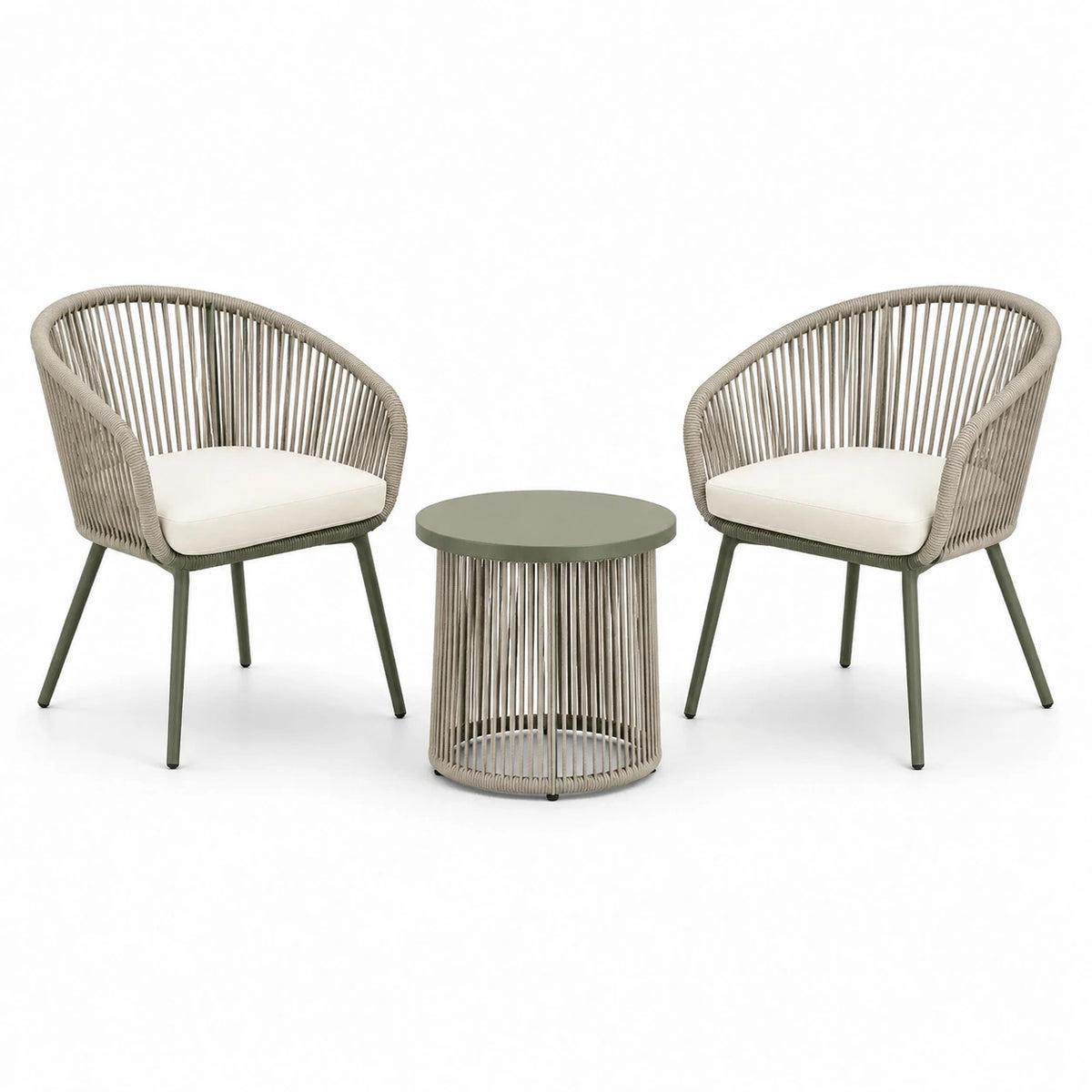Ensemble de jardin 3 pièces kaki, beige et écru avec 2 fauteuils 72 x 70 x 78 cm et table ronde Ø 50 x 50 cm