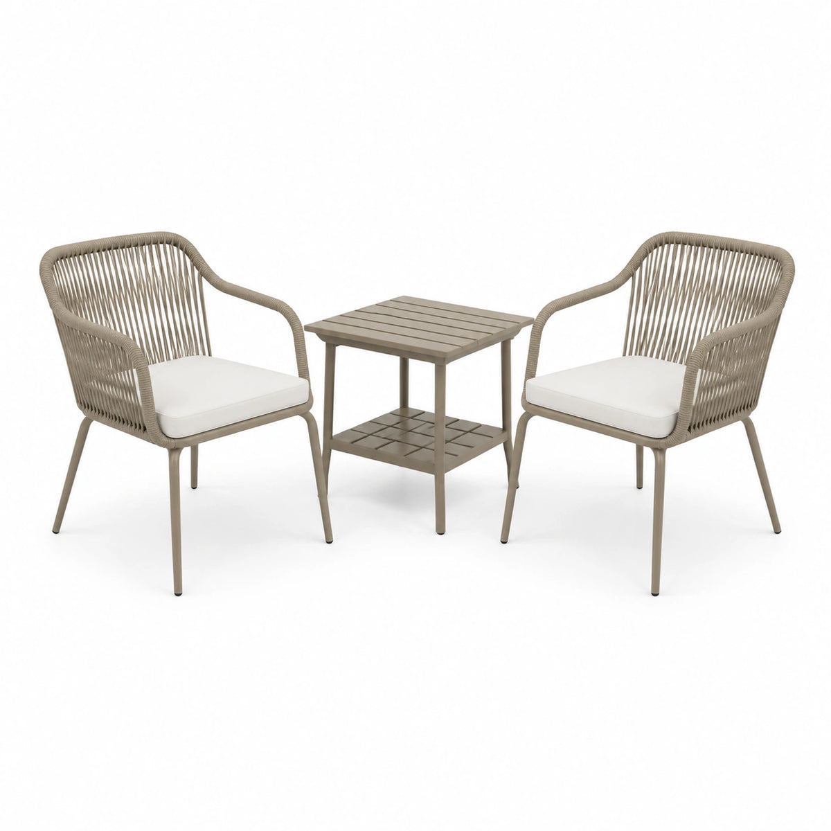 Ensemble extérieur taupe et blanc avec 2 fauteuils 70 x 75 x 80 cm et table 50 x 50 x 50 cm