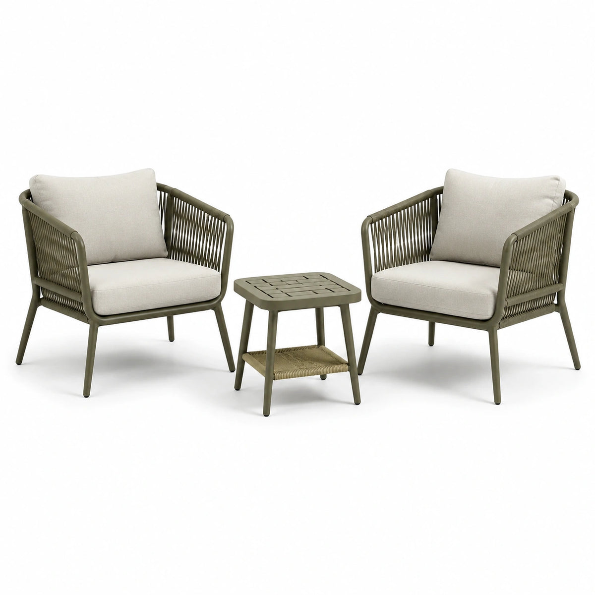 Salon de jardin 3 pièces kaki et beige avec 2 fauteuils 75 x 70 x 78 cm et table 70 x 70 x 45 cm