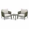 Salon d'extérieur contemporain vert kaki et beige clair, 2 fauteuils 75 x 75 x 78 cm et table 50 x 50 x 45 cm