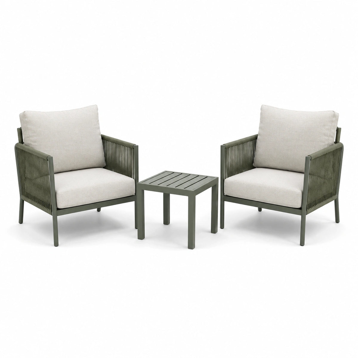Salon d'extérieur contemporain vert kaki et beige clair, 2 fauteuils 75 x 75 x 78 cm et table 50 x 50 x 45 cm