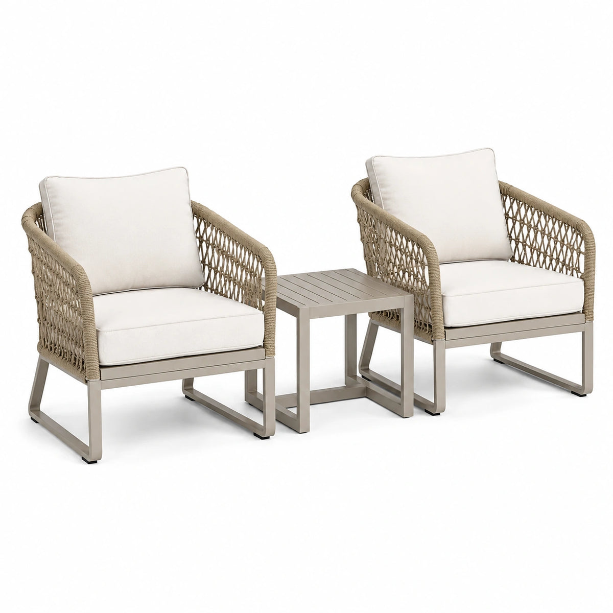 Ensemble de jardin 3 pièces Beige et Ivoire avec 2 fauteuils 72 x 78 x 82 cm et table 50 x 50 x 50 cm