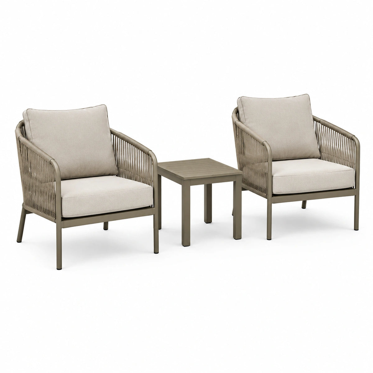 Salon de jardin 3 pièces avec 2 fauteuils 70 x 75 x 82 cm et table 60 x 60 x 45 cm, Beige et Taupe