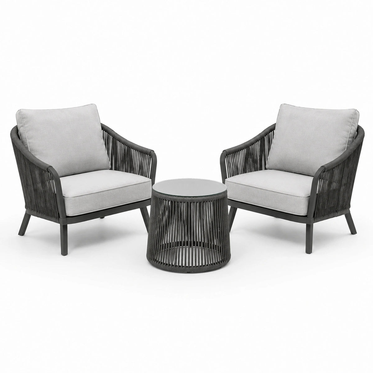 Ensemble de jardin 2 fauteuils et table basse ronde en métal et cordage, Gris clair/Anthracite – Fauteuils 74 x 70 x 78 cm, table Ø 55 x 45 cm