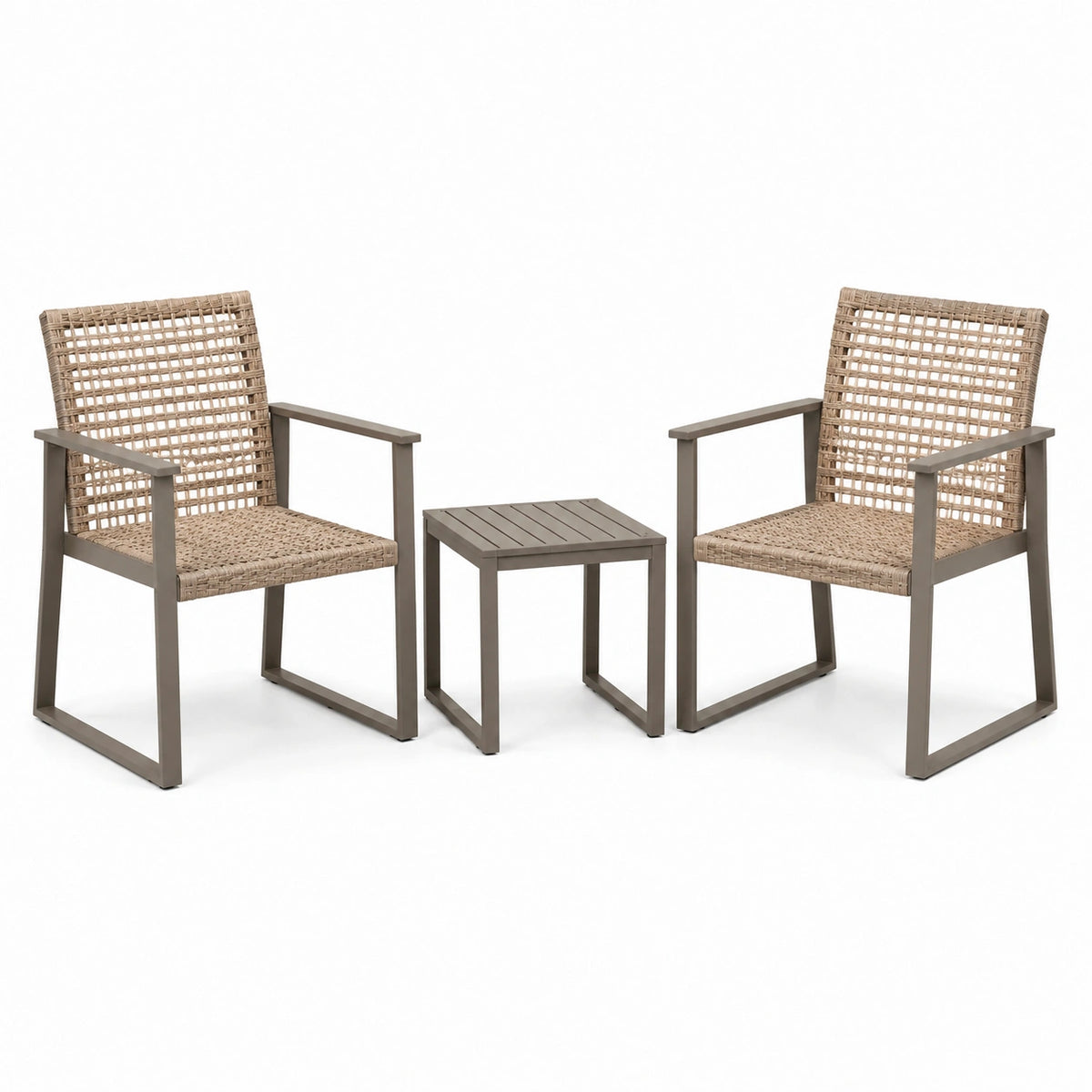 Salon d'extérieur contemporain taupe et beige, 2 fauteuils 62 x 65 x 82 cm et table 60 x 60 x 45 cm