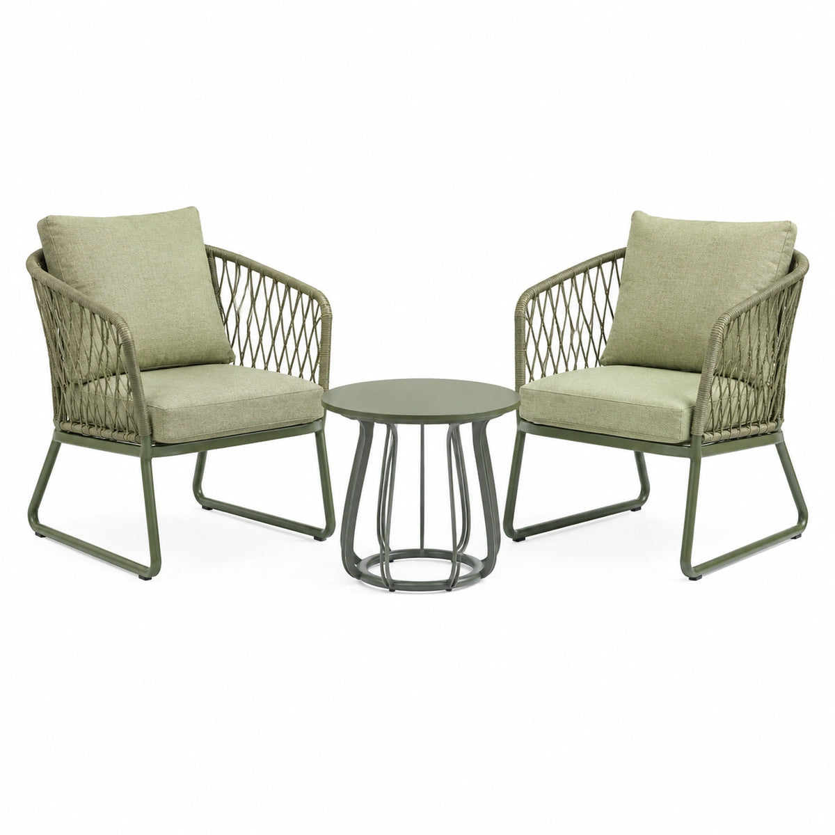 Salon de jardin vert avec 2 fauteuils tressés 70 x 70 x 80 cm et table ronde 60 x 45 cm