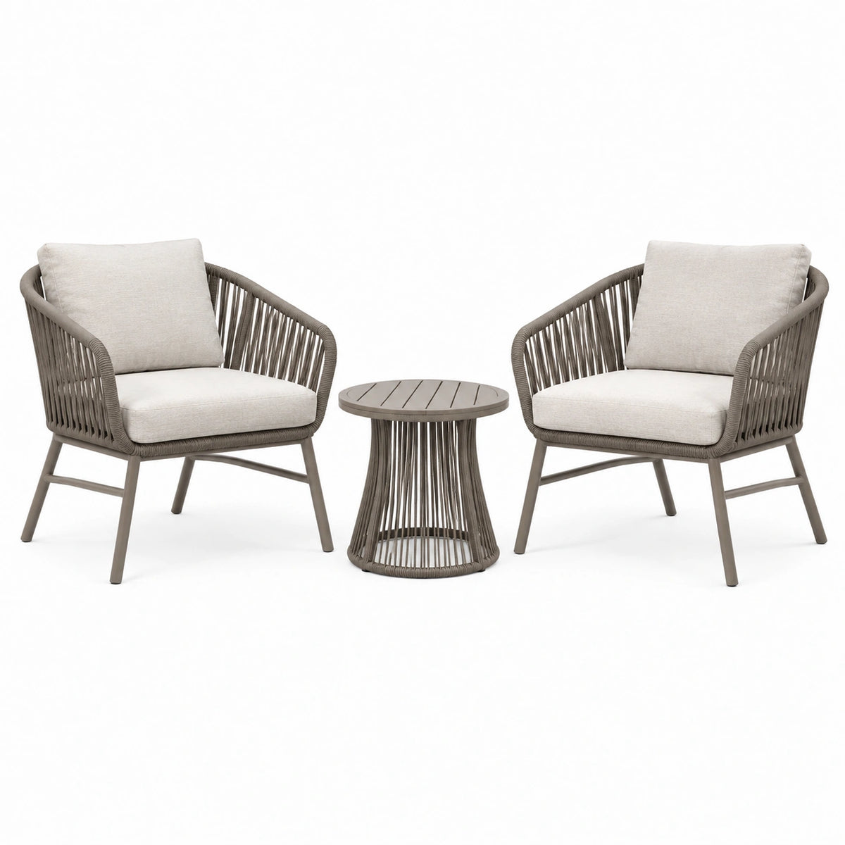 Ensemble extérieur contemporain gris taupe et beige avec 2 fauteuils 75 x 75 x 78 cm et table ronde Ø 60 x H 62 cm