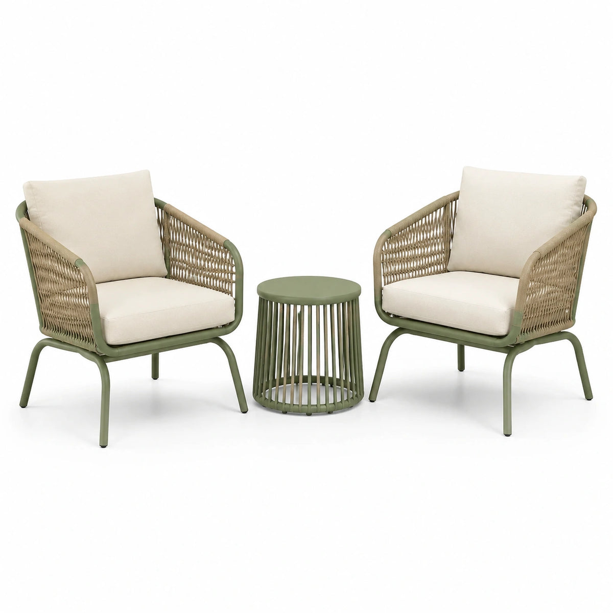 Ensemble extérieur contemporain vert olive et beige, 2 fauteuils et table ronde, fauteuils 68 x 70 x 78 cm