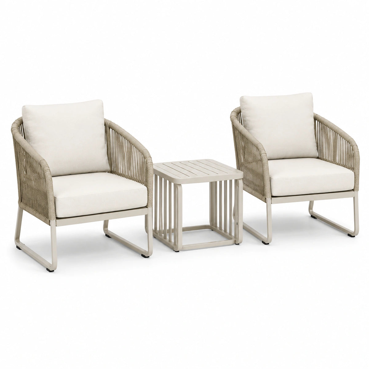 Salon de jardin beige et blanc cassé avec 2 fauteuils 67 x 68 x 78 cm et table 50 x 50 x 45 cm