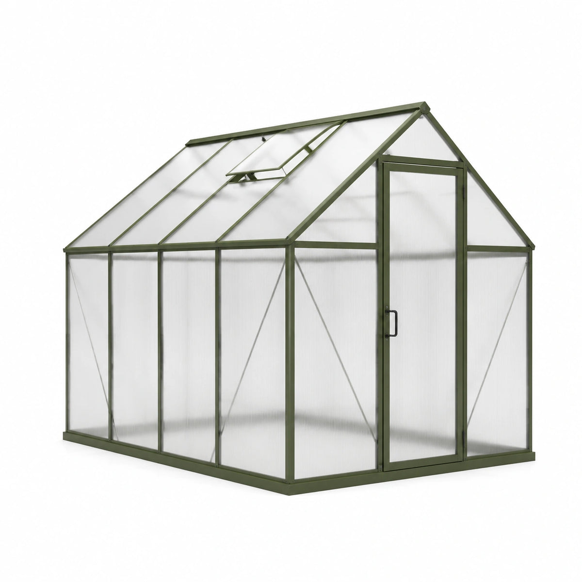 Serre de jardin verte 190 x 190 x 195 cm en acier avec panneaux translucides, porte et lucarne ouvrante