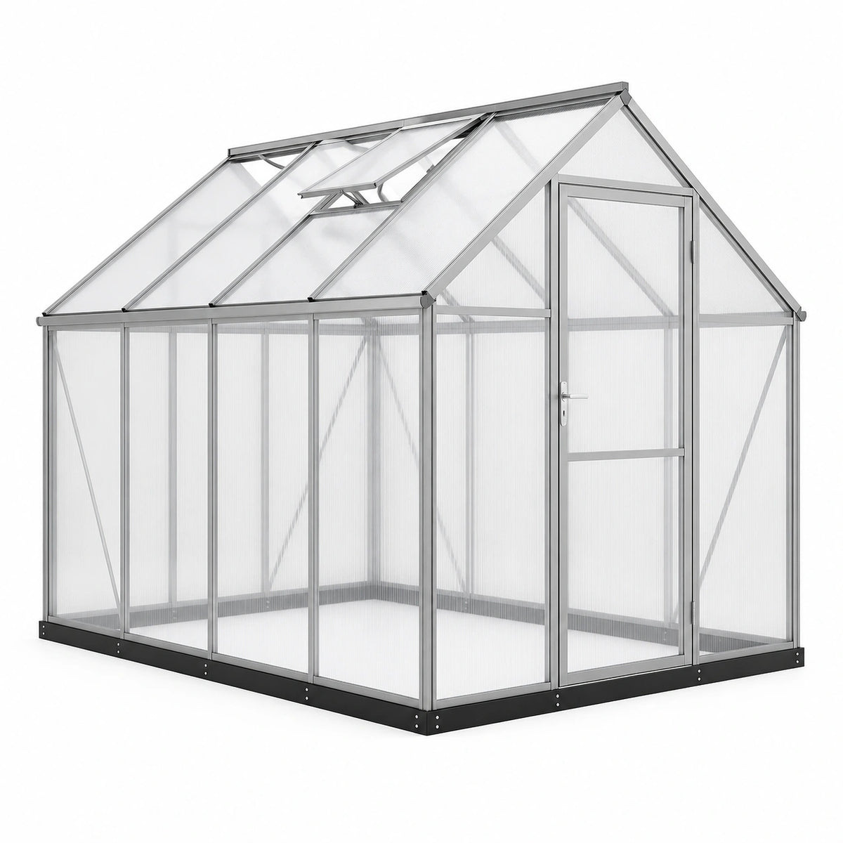 Serre de jardin en aluminium argenté avec panneaux translucides, 190 x 190 x 195 cm, toit ouvrant