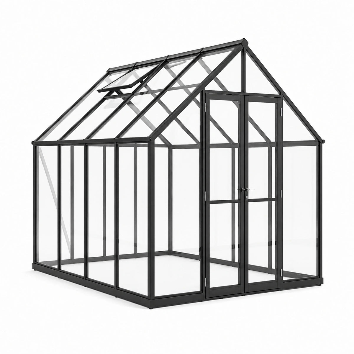 Serre de jardin en aluminium noir et panneaux transparents, 190 x 190 x 195 cm, avec toit ouvrant et double porte