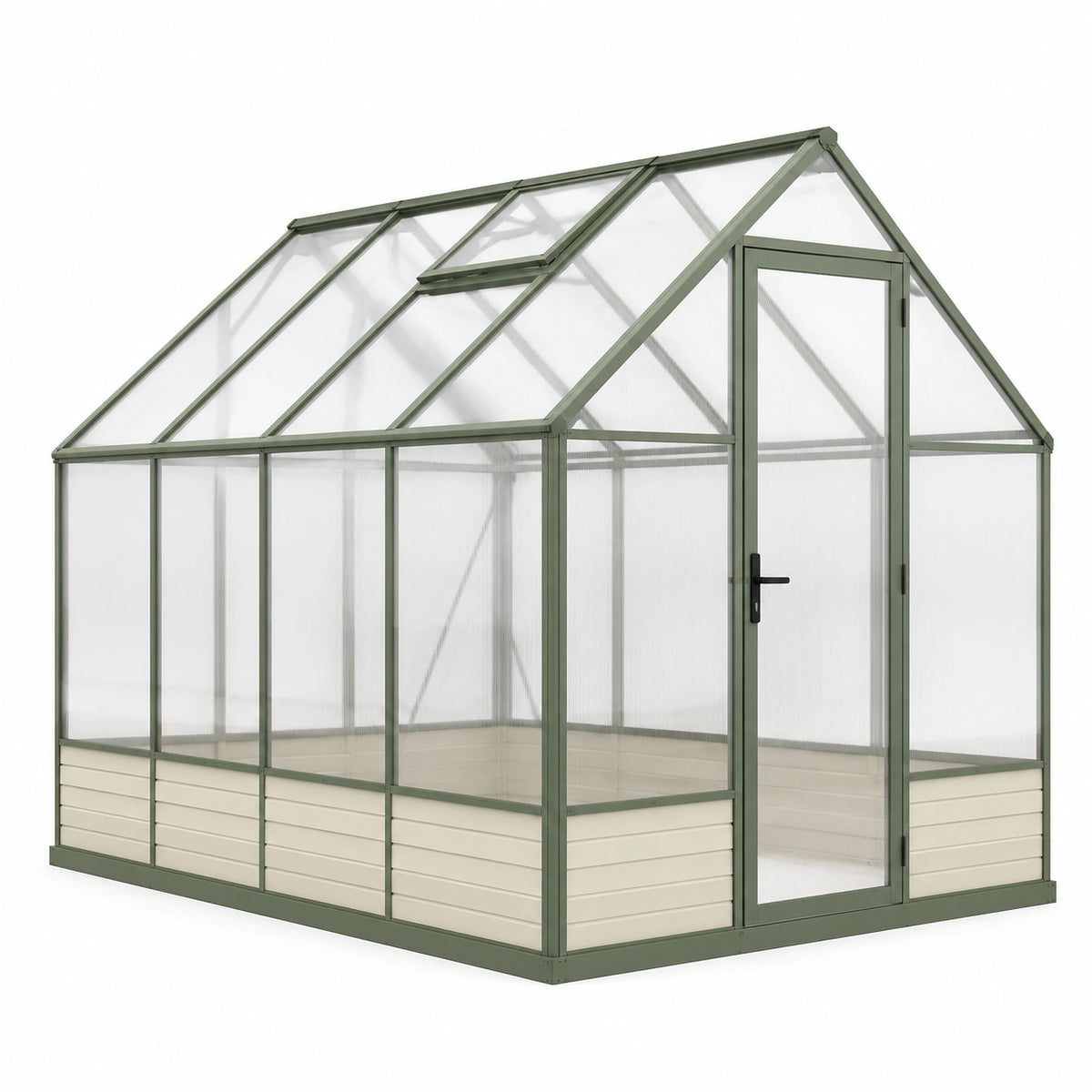 Serre de jardin 244 x 192 x 202 cm en aluminium vert avec panneaux translucides, porte et lucarne ouvrante