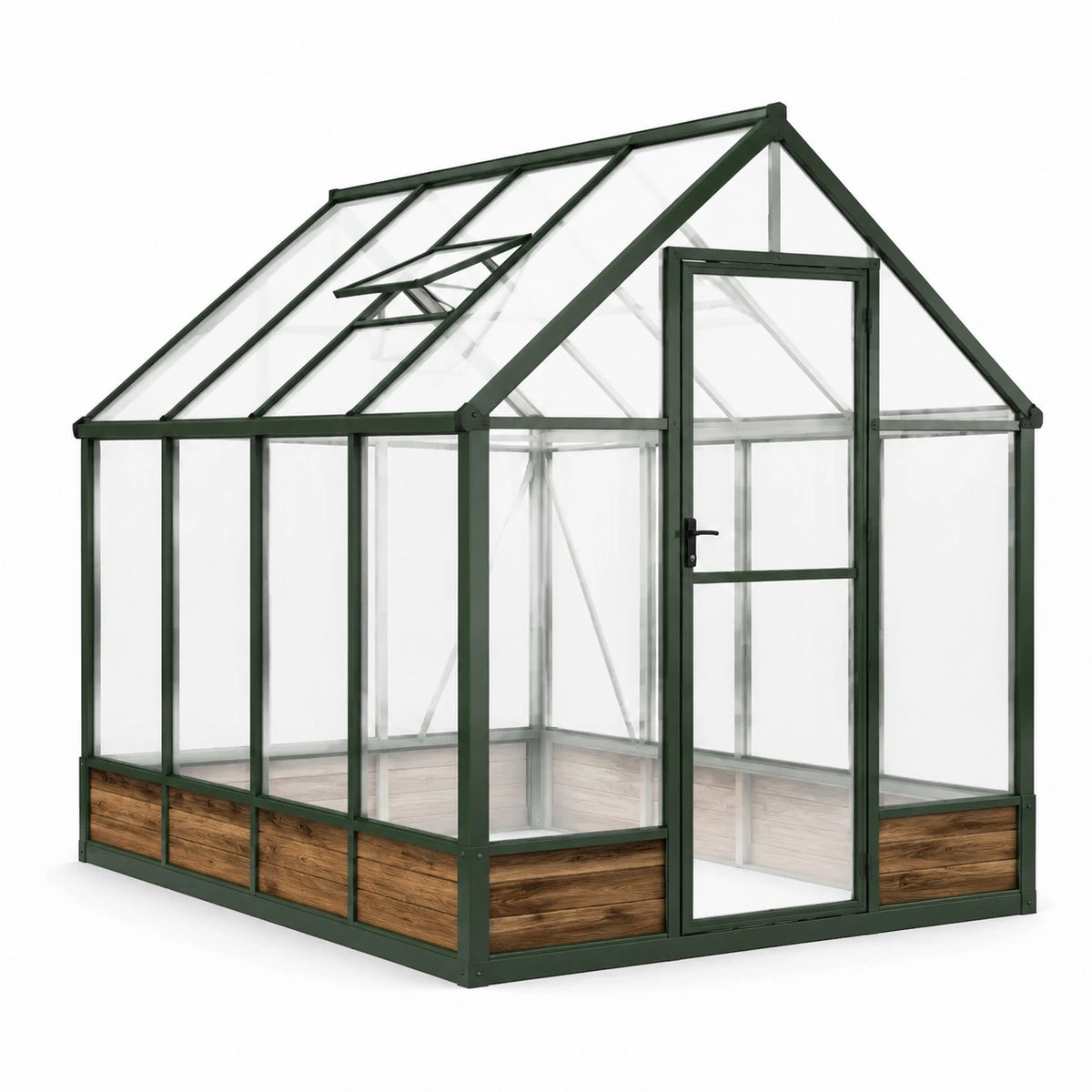 Structure extérieure vert foncé et marron 240 x 190 x 220 cm avec panneaux transparents et lucarne ouvrante