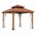 Tonnelle de jardin en bois marron 300 x 300 x 300 cm avec toit métallique et rideaux blancs