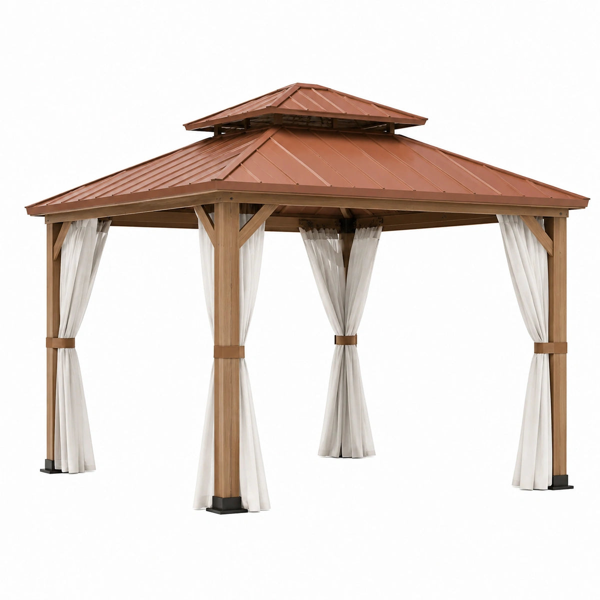 Tonnelle de jardin en bois marron 300 x 300 x 300 cm avec toit métallique et rideaux blancs