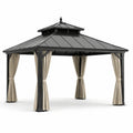 Tonnelle de jardin 300 x 300 x 320 cm en acier noir avec rideaux beiges et toit ventilé