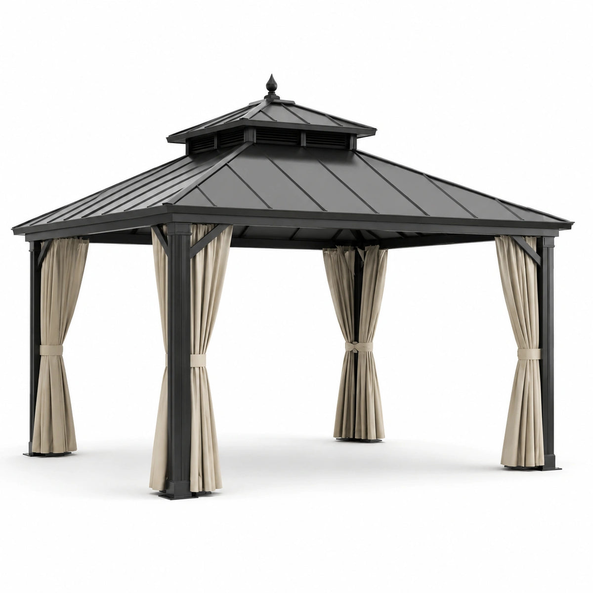 Tonnelle de jardin 300 x 300 x 320 cm en acier noir avec rideaux beiges et toit ventilé