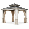 Pavillon de jardin classique 360 x 360 x 330 cm Blanc, Noir et Beige avec rideaux