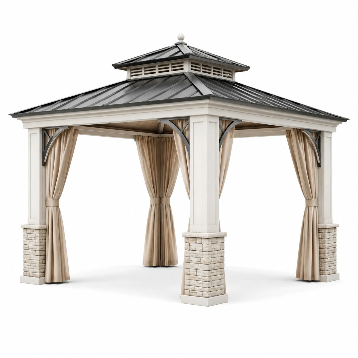 Pavillon de jardin classique 360 x 360 x 330 cm Blanc, Noir et Beige avec rideaux