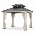 Pavillon de jardin 400 x 400 x 320 cm en aluminium beige et gris avec toit rigide et rideaux