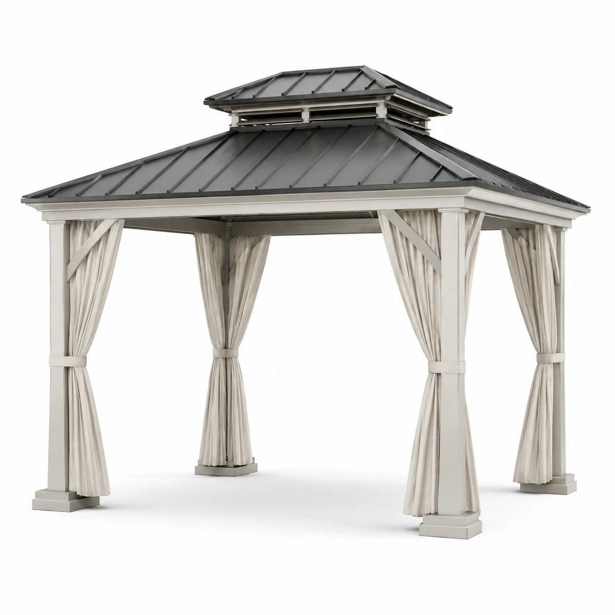 Pavillon de jardin 400 x 400 x 320 cm en aluminium beige et gris avec toit rigide et rideaux