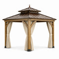 Pavillon extérieur 300 x 300 x 300 cm en bois marron, toit métallique et rideaux beige clair
