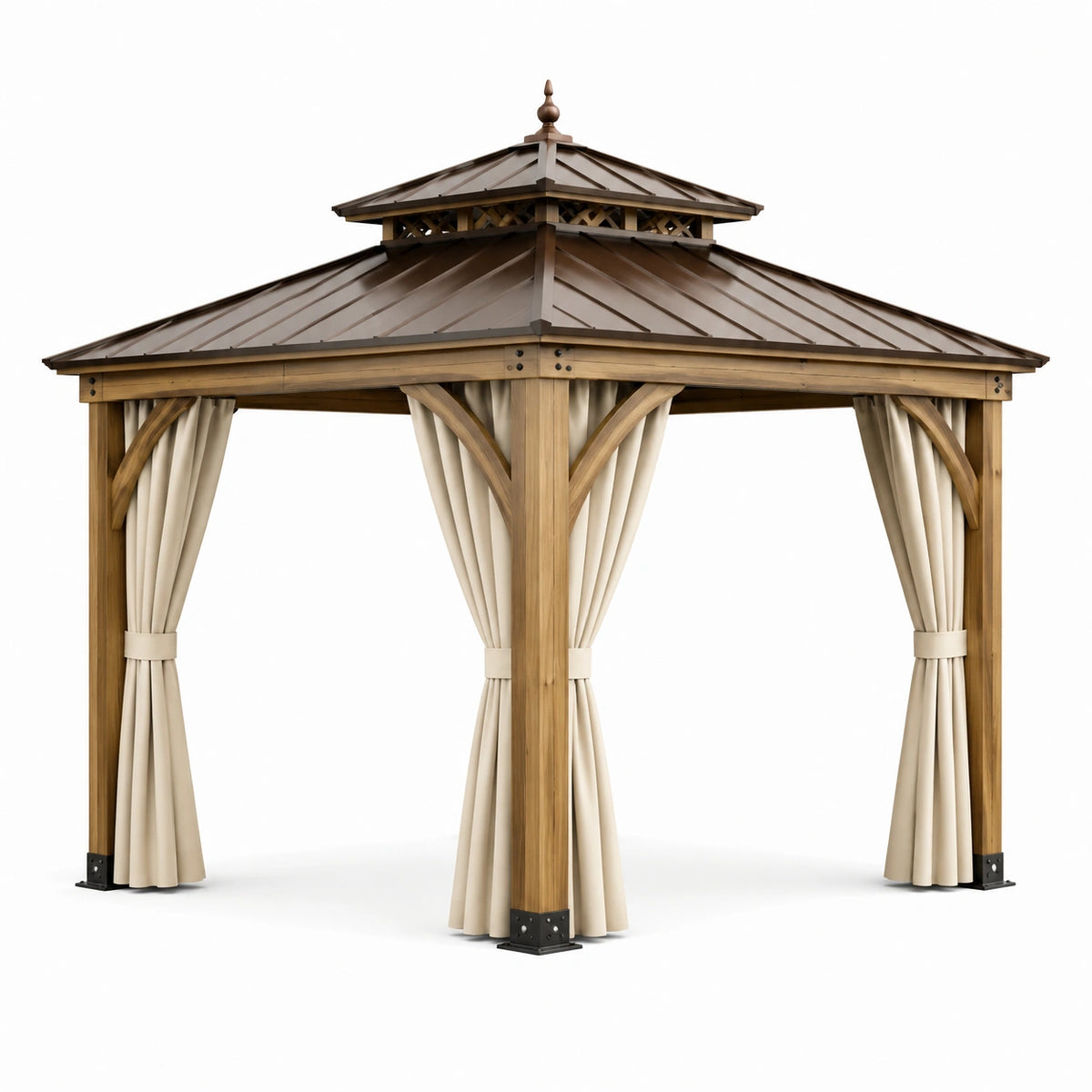 Pavillon extérieur 300 x 300 x 300 cm en bois marron, toit métallique et rideaux beige clair