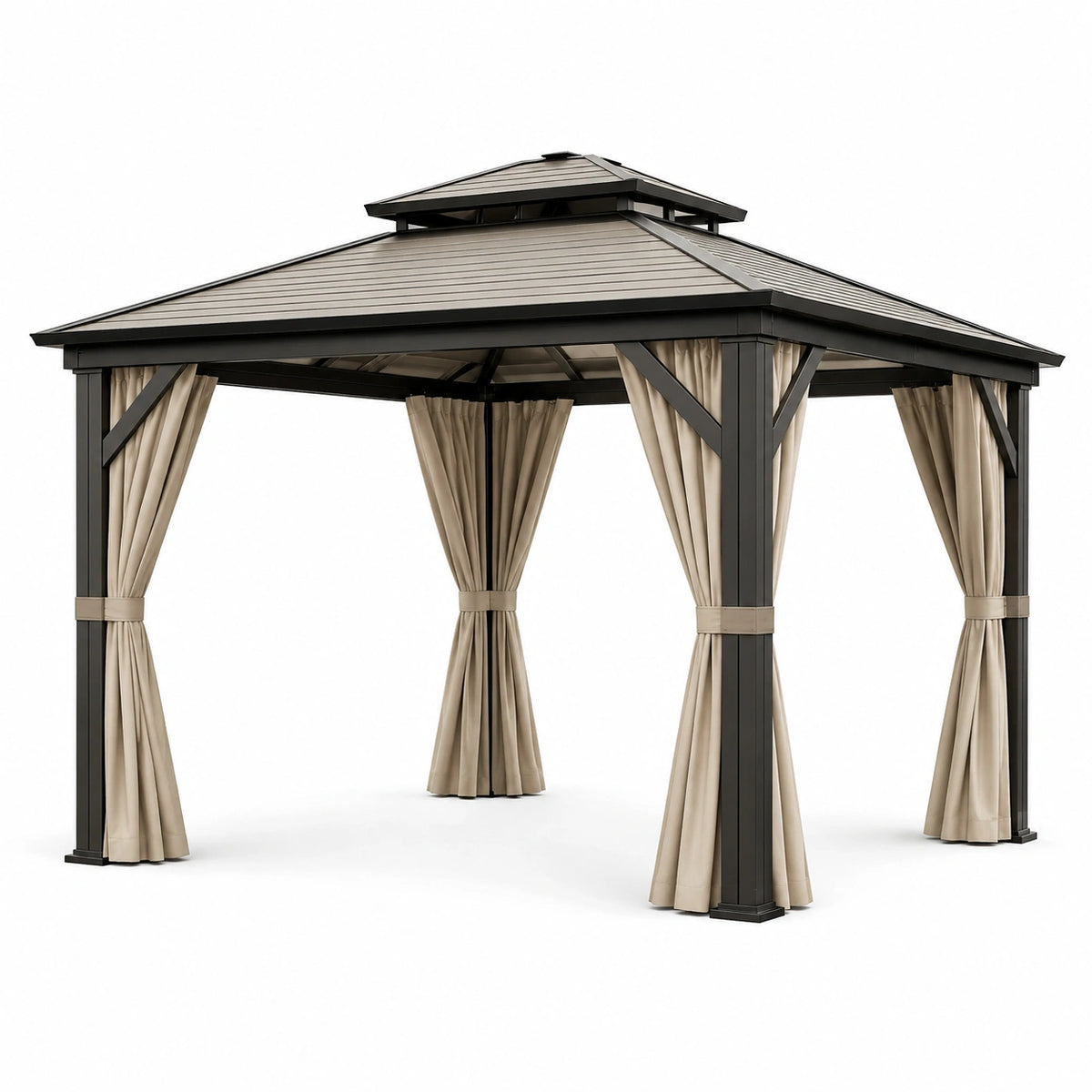 Tonnelle de jardin contemporaine 300 x 300 x 270 cm en acier noir avec rideaux beiges et toit à double niveau