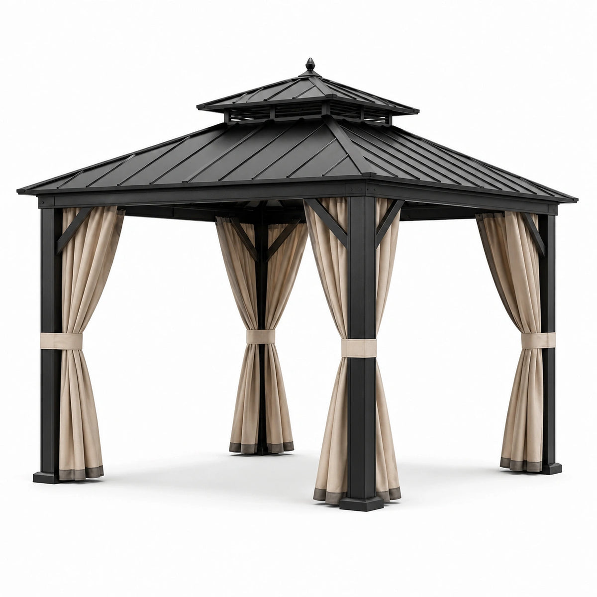 Pavillon de jardin 300 x 300 x 290 cm en acier noir avec rideaux beiges